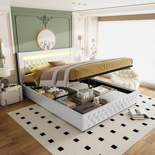 MOTUZP Polsterbett 160x200 cm, LED Doppelbett mitLattenrost, Jugendbett,Flaches Bett mit weicher Rückenlehne,Funktionsbetten Rückenlehne Bettgestell (PU + Weiß + LED, 160 * 200cm) von MOTUZP