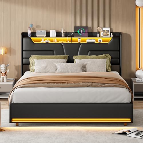 MOTUZP Polsterbett Doppelbett 140x200cm mit USB Ladefunktion Jugendbett Stauraumbett mit Hydraulisch Boxspringbett mit LED Beleuchtun, Lattenrost von MOTUZP