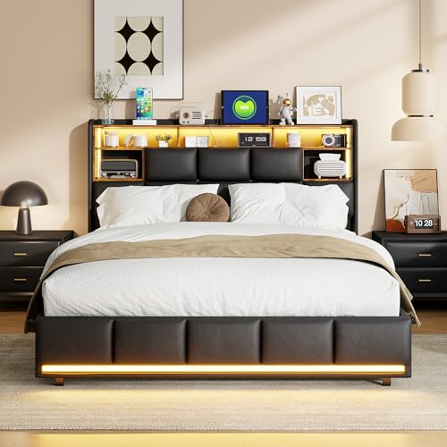 MOTUZP Polsterbett Doppelbett 160x200cm mit USB Ladefunktion Jugendbett Stauraumbett mit Hydraulisch Boxspringbett mit LED Beleuchtun, Lattenrost von MOTUZP