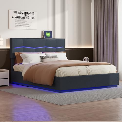 Polsterbett 140x200CM, Doppelbett 140x200cm Jugendbett Gepolstertes Bett Stoffbett Stauraumbett mit Hydraulisch Boxspringbett mit LED Beleuchtun, Lattenrost (Schwarz) von MOTUZP