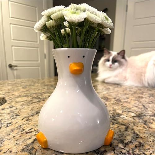 MOUGIGI Handgefertigte Keramik-Entenvase – weiße moderne Blumenvase mit einzigartigem Enten-Design – runde ästhetische Tischdekoration – flippige und trendige Kunstvase von MOUGIGI