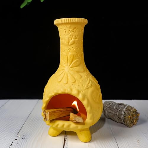 MOUGIGI Palo Santo Brennerhalter, Motiv: Gelbe Blumenreliefs, mexikanischer Mini-Kamin inspiriert, Schornstein zum Verschmieren von Salbei/Räucherkegeln/Stäbchen für Altar-/Zen-Rituale, handgefertigte von MOUGIGI