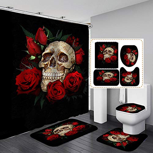 MOUMOUHOME Totenkopf-Duschvorhang, rote Rose, bedrucktes Badezimmer-Zubehör-Set, Blumen-Totenkopf-Badematten, Vorhang, schwarz, wasserdicht, Duschvorhang-Sets mit 12 Haken, Geschenk für Jungen und von MOUMOUHOME