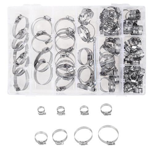 201 Edelstahl Schlauchschellen Sortiment, 100 Stück, 0.24-1.73 Zoll (6-44 mm), Verstellbar, Für Kfz und Waschmaschine von MOUMOUTEN