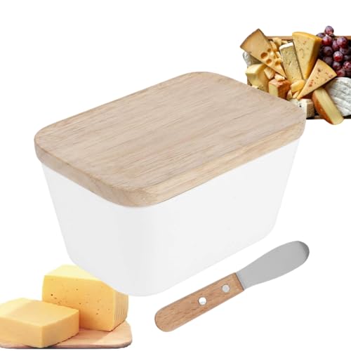 MOUMOUTEN Butterdose, Melamin-Box-Körper Mit Deckel aus Buchenholz, Butterdose, Multifunktionaler Butterdosen Box Behälter Mit Butterstreichmesser, Küchenzubehör (weiß)(250) von MOUMOUTEN