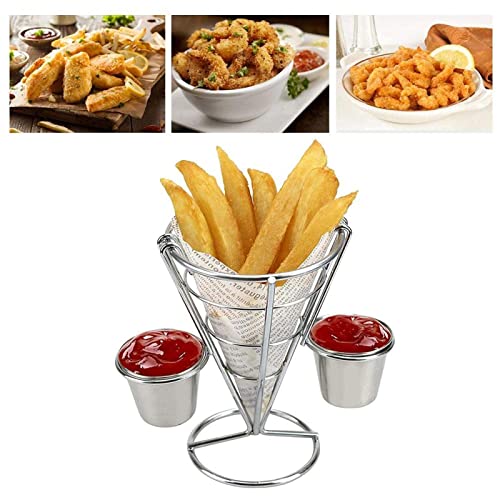 MENMENTOU Pommes Frites Ständer Frites Stehen, Pommes Körbchen Buffet Kegelkorb Pommes Frites Chips Metalldrahtkorb mit Saucenlöffeln Fach Familienparty Picknick Outdoor Event (Double) von MOUMOUTEN