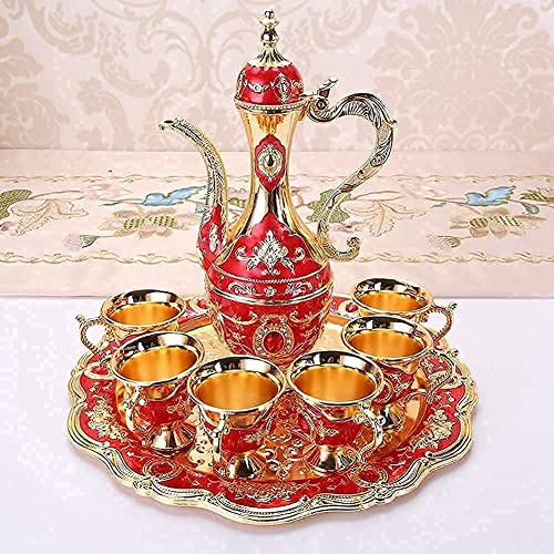 Türkisches Vintage-Kaffeekannen-Set aus Metall, türkisches Teeservice mit 6 luxuriösen Kaffeetassen und handgefertigtem Teetablett, Teekanne zum Servieren von Tee, Kaffee, Gold-Silber-Verzierung(rot) von MOUMOUTEN
