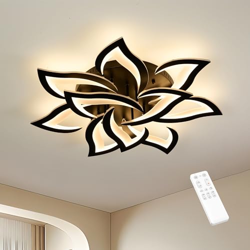 MOUNM Moderne LED Deckenleuchte Schwarz Dimmbar 3000K-6000K, Blütenblatt Kreative LED Deckenlampe, Acrylplatte Deckenleuchten für Wohnzimmer, Flur, Schlafzimmer 60W 6000lm von MOUNM