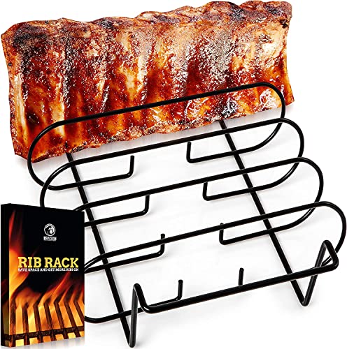 Spare Ribs Halter für Smoker - BBQ Rib Rack für Gas- oder Kohlegrill - Antihaftbeschichtete Sparerips Halterung zum Grillen & Barbecue - Für 5 Baby-Rippchen - Schwarz von MOUNTAIN GRILLERS