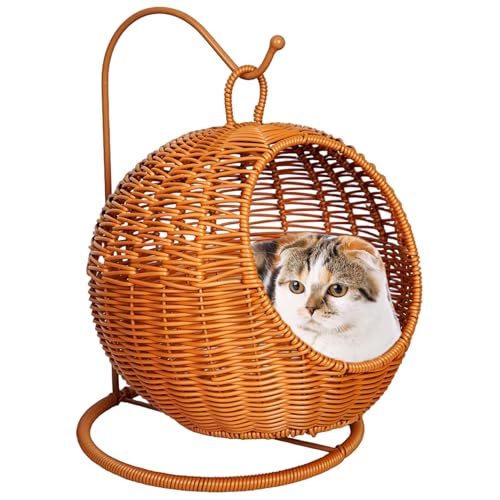 Katzenkorbbett, Katzenhängemattenbett aus Rattanimitat für kleine Räume, bequemes kleines Kätzchennest für das Katzenbett aus Rattan für den Innenbereich Katzenkorbbett, Katzenhängemattenbett aus Rattanimitat für kleine Räume, bequemes kleines Kätzchennest für das Katzenbett aus Rattan für den Innenbereich von MOUNTTU
