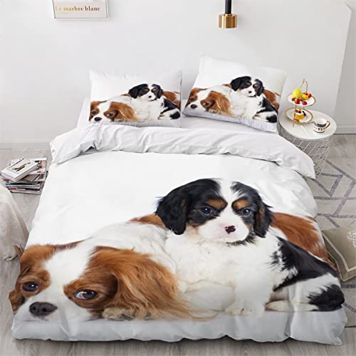 Bettwäsche 135x200 Cavalier-King-Charles-Spaniel Bettbezug Set 3 teilig Haustier Welpe Bettwaren 3D Druck Weich Microfaser Bettbezüge mit Reissverschluss Kinderbettwäsche mit 2 Kissenbezug 80x80cm von MOUPL