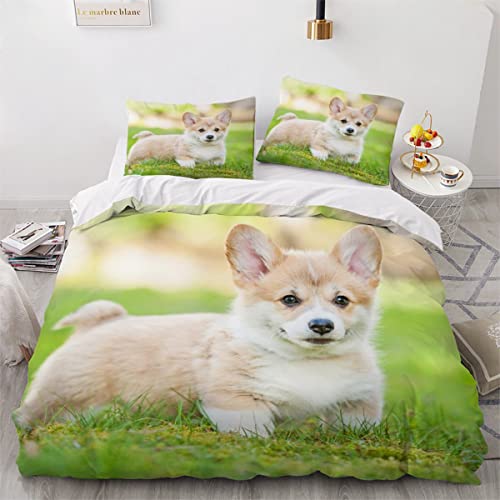 MOUPL Bettwäsche 135x200 Waliser Corgi Bettbezug Set 3 teilig Haustier Welpe Bettwaren 3D Druck Weich Microfaser Bettbezüge mit Reissverschluss Kinderbettwäsche mit 2 Kissenbezug 80x80cm von MOUPL