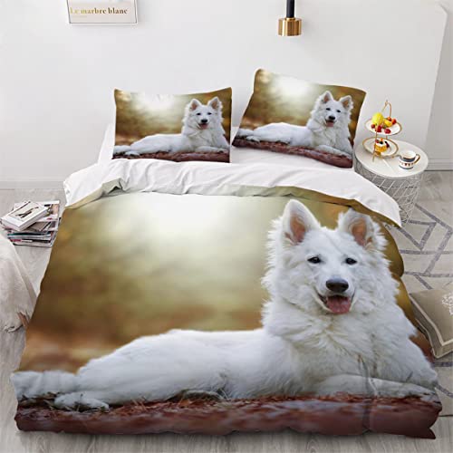 Bettwäsche 135x200 Weißer Schweizer Schäferhund Bettbezug Set 3 teilig Haustier Welpe Bettwaren 3D Druck Weich Microfaser Bettbezüge mit Reissverschluss Kinderbettwäsche mit 2 Kissenbezug 80x80cm von MOUPL