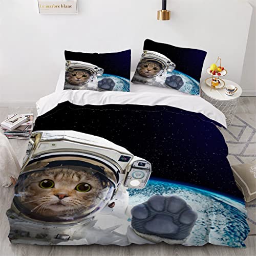 Bettwäsche-Set Weltraumkatze Bettbezug für Kinder Jungen Mädchen Fantasy-Astronaut Bettwäsche 135x200cm + 2 Kissenbezug 80x80cm Kuschelig Mikrofaser Bettbezüge mit Reißverschluss von MOUPL