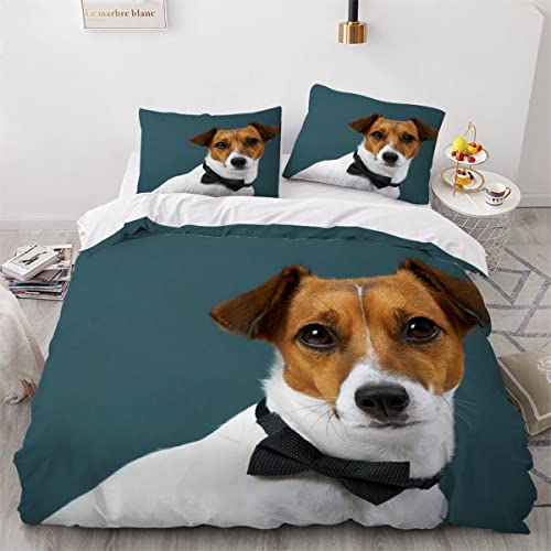 Jack Russell Bettwäsche 200x200cm 3D Druck Haustier Hund Bettwäsche Set Kinder Erwachsener Weich Mikrofaser Hypoallergen Bettbezug mit Reißverschluss und 2 Kissenbezug 80x80cm von MOUPL