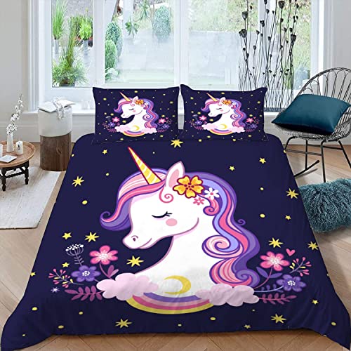 MOUPL 100% Mikrofaser Bettwäsche-Sets 135x200 2teilig 3D Motiv Kawaii Cartoon Einhorn Kinderbettwäsche mit Reißverschluss Weiche Warm Sommer Bettbezug mit Kissenbezug 80x80 cm für Jungen Mädchen von MOUPL