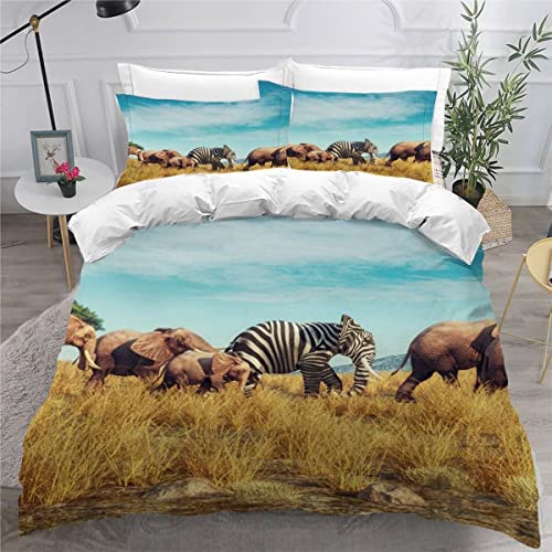 MOUPL 100% Mikrofaser Elefant Kinderbettwäsche 135x200 2teilig 3D Zebra-Wiese Bettwäsche mit Reißverschluss Weiche Warm Sommer Bettbezug mit Kissenbezug 80x80 cm für Jungen Mädchen von MOUPL