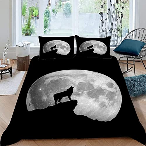 MOUPL 100% Mikrofaser Wolf Kinderbettwäsche 135x200 2teilig 3D Mond Wolf Bettwäsche mit Reißverschluss Weiche Warm Sommer Bettbezug mit Kissenbezug 80x80 cm für Jungen Mädchen von MOUPL