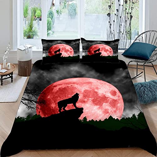 MOUPL 100% Mikrofaser Wolf Kinderbettwäsche 135x200 2teilig 3D Roter Mond Bettwäsche mit Reißverschluss Weiche Warm Sommer Bettbezug mit Kissenbezug 80x80 cm für Jungen Mädchen von MOUPL