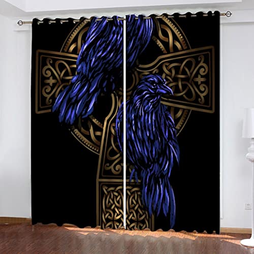 MOUPL 3D Wikinger Gardinen mit ösen B 140 X H 100 cm Polyester Nordische Mythologie, Rabe Vorhang Blickdicht Verdunkelungs Kindervorhänge 2 Stücke für Wohnzimmer Schlafzimmer Kinderzimmer von MOUPL