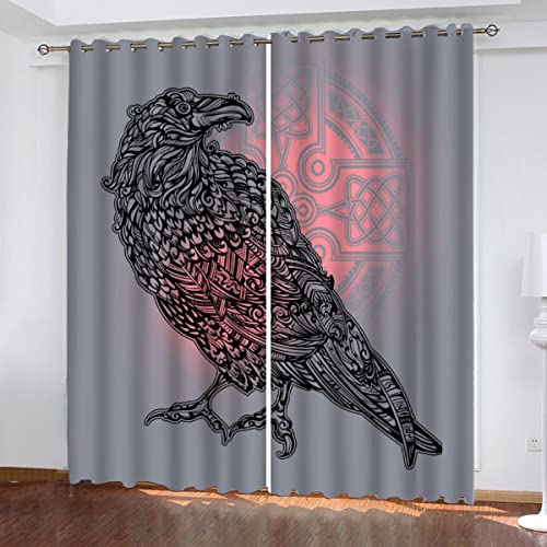 MOUPL 3D Wikinger Gardinen mit ösen B 140 X H 100 cm Polyester Nordische Mythologie, Rabe Vorhang Blickdicht Verdunkelungs Kindervorhänge 2 Stücke für Wohnzimmer Schlafzimmer Kinderzimmer von MOUPL