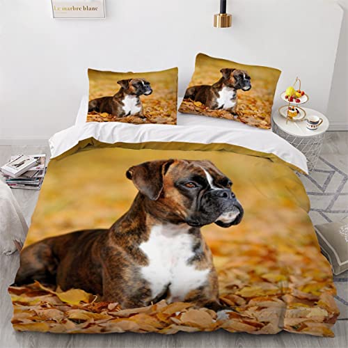 MOUPL Bettwäsche 135x200 Boxer-Hund Bettbezug Set 3 teilig Haustier Welpe Bettwaren 3D Druck Weich Microfaser Bettbezüge mit Reissverschluss Kinderbettwäsche mit 2 Kissenbezug 80x80cm von MOUPL