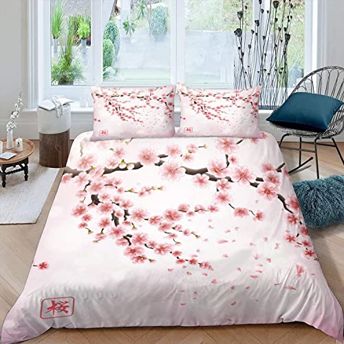 MOUPL Bettwäsche 155x220 3teilig 3D Motiv Rosa Japan kirschblüte Bettbezug Set mit Reißverschluss 100% Leicht Mikrofaser Kuschelig Atmungsaktive Sommer Betten Set mit 2 Kissenbezug 80x80 cm von MOUPL