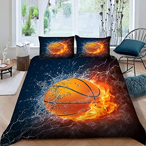 MOUPL Bettwäsche 200x200 3teilig 3D Muster Basketball Flammenbasketball Bettbezug Set mit Reißverschluss 100% Leicht Mikrofaser Kuschelig Atmungsaktive Sommer Bettwaren mit 2 Kissenbezug 80x80 cm von MOUPL