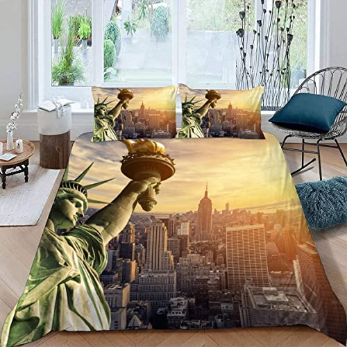 MOUPL Bettwäsche New York 155x220 3teilig 3D Freiheitsstatue Bettbezug Set mit Reißverschluss 100% Leicht Mikrofaser Kuschelig Atmungsaktive Sommer Betten Set mit 2 Kissenbezug 80x80 cm von MOUPL