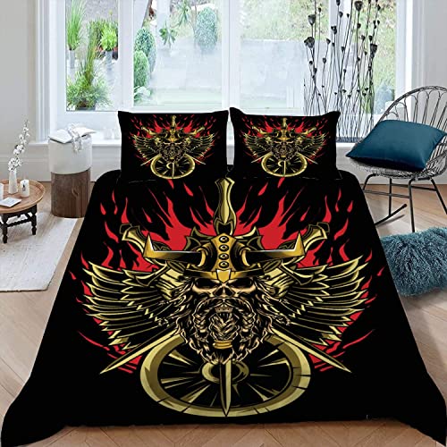 MOUPL Wikinger Bettwäsche 155x220 3teilig 3D Skull Viking Bettbezug Set mit Reißverschluss 100% Leicht Mikrofaser Kuschelig Atmungsaktive Sommer Viking Betten Set mit 2 Kissenbezug 80x80 cm von MOUPL