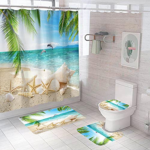 MOUPSDT 4-teiliges Duschvorhang-Set Blauer Ozean-Delfin-Strandseestern mit rutschfesten Teppichen, Toilettendeckel und Badematte, mit 12 Haken,wasserdichter Stoff-Duschvorhang 180x200 cm von MOUPSDT