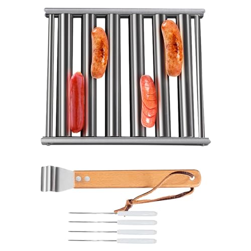 BBQ Hot Dog Griller, Hot Dog Roller, Edelstahl Wurstroller Rack, Grillzubehör, 5 Hot Dog Kapazität, mit Extra Langem Holzgriff und 4 Stöcke, 16.5 * 14 * 3.5 von MOVKZACV