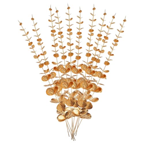 MOVKZACV Eukalyptus Künstlich Pflanze Deko Gold, 10 Stück Pflanzen Eukalyptusblätter Deko, Eucalyptus Künstlich für Weihnachts Dekorative Hochzeit Party Zuhause Garten Büro Tisch Blumen Vasen von MOVKZACV