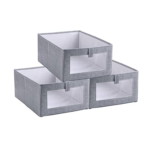MOVKZACV Set von 3 stapelbaren Aufbewahrungsboxen mit transparentem Sichtfenster für Schränke und Schlafzimmer, große würfelförmige Aufbewahrungsbox ohne Deckel für Kleidung (grau) von MOVKZACV