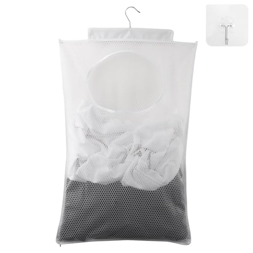 MOVKZACV Strapazierfähiger Wäschesack zum Aufhängen an der Tür, durchsichtiger Mesh-Polyester-Wäschesack mit selbstklebenden Haken für Schlafzimmerschränke, Türen, Wände, Reisen (Weiß, Schwarz) von MOVKZACV