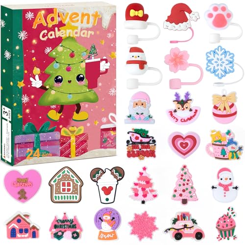 2025 Adventskalender mit Strohabdeckung, 10 mm Stanley-Strohaufsätze für 850.5 g 1134.0 g Trinkgläser, Teenager, Jungen, Mädchen, Kinder, Erwachsene, Weihnachten, Countdown-Geschenke, 24 von MOVOLIVI