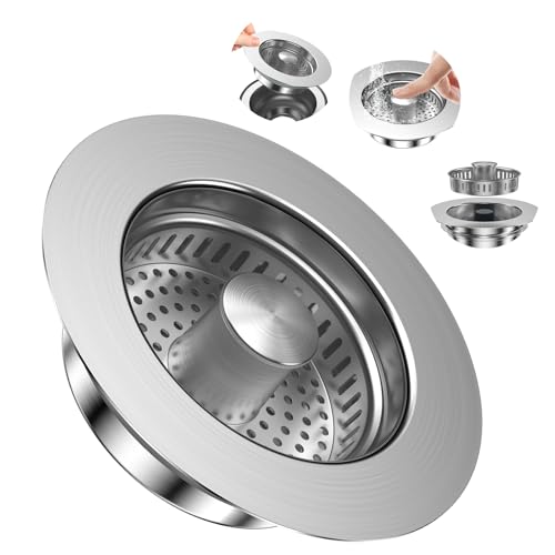 MOWETOO Abflusssieb Küchenspüle und Waschbeckenstöpsel für Tiefe > 40 mm, Spülbecken Bohrung 75-86mm, 3-in-1 Pop-Up Edelstahl Abflussstopfen von MOWETOO