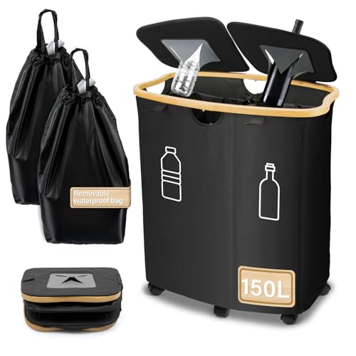 MOWETOO Pfandflaschen Sammelbehälter 2 Fächer, 150L Pfandflaschen Behälter mit Deckel, Behälter Leergut & Altglas Aufbewahrung, Mülleimer Küche inkl 2 Tragetasche, Wasserdicht Fahrbar mit Rollen von MOWETOO