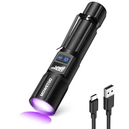 MOWETOO Taschenlampe Aufladbar - LED UV Lampe Schwarzlicht 2 In 1, 395nm Zoombare UV Licht Torch mit 5 Modi und LCD-Display für Urinuntersuchung von Haustieren, Geldscheinkontrolle, Outdoor von MOWETOO