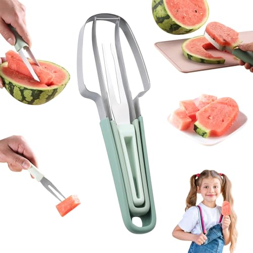 3-in-1 Obstschneider aus Edelstahl Sommer Wassermelonen Fruchtschneidegabel Doppelkopf Obstgabeln Schneidemesser mit rundem Griff Grün Wassermelonen Schneider Kitchen Gadgets Obstgabeln Schneidemesser von MOWUVAI