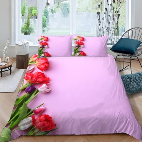 MOXINO 3D Blumen Bettwäsche 135x200 cm 2teilig Blumen Bettwäsche für Kinder Leicht Mikrofaser Bettbezug Sommer Weiche Bettbezüge mit Kissenbezüge 50x75（Muster 142-14） von MOXINO