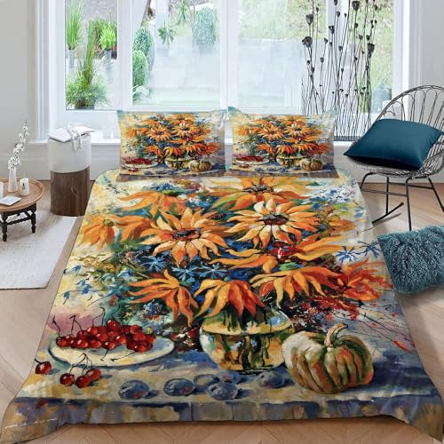 MOXINO 3D Blumen Bettwäsche 135x200 cm 2teilig Oil Painting Bettwäsche für Kinder Leicht Mikrofaser Bettbezug Sommer Weiche Bettbezüge mit Kissenbezüge 50x75（Muster 136-13） von MOXINO