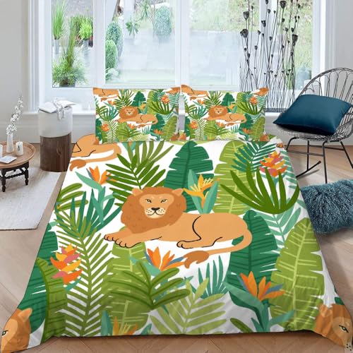 MOXINO 3D Cartoon Löwe Bettwäsche 135x200 cm 2teilig Palmblätter Bettwäsche für Kinder Leicht Mikrofaser Bettbezug Sommer Weiche Bettbezüge mit Kissenbezüge 50x75（Muster 139-11） von MOXINO