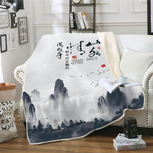 MOXINO 3D China Stil Sherpa Decke 130x150 cm Aquarell Kuscheldecke Flauschig Microfiber Fleecedecke Weich und Warme Wohndecke Throw Blanket Sofadecke Couchdecke Tagesdecke（Muster 13-16） von MOXINO