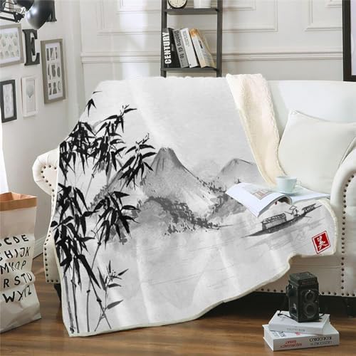 MOXINO 3D China Stil Sherpa Decke 130x150 cm Aquarell Kuscheldecke Flauschig Microfiber Fleecedecke Weich und Warme Wohndecke Throw Blanket Sofadecke Couchdecke Tagesdecke（Muster 19-10） von MOXINO