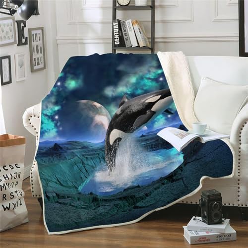 MOXINO 3D Delphin Sherpa Decke 130x150 cm Delphin Kuscheldecke Flauschig Microfiber Fleecedecke Weich und Warme Wohndecke Throw Blanket Sofadecke Couchdecke Tagesdecke（Muster 11-6） von MOXINO