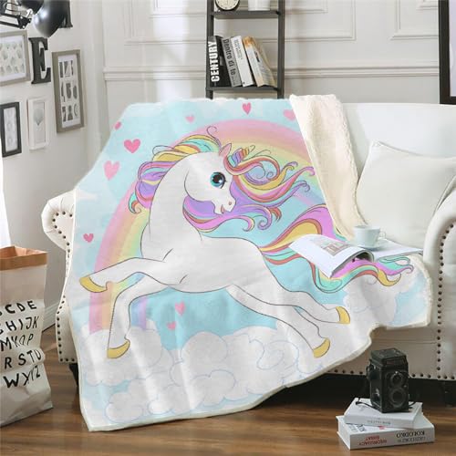 MOXINO 3D Einhorn Sherpa Decke 150x200 cm Regenbogen Kuscheldecke Flauschig Microfiber Fleecedecke Weich und Warme Wohndecke Throw Blanket Sofadecke Couchdecke Tagesdecke（Muster 7-4） von MOXINO
