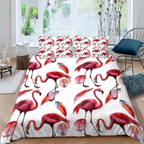 MOXINO 3D Flamingo Bettwäsche 135x200 cm 4teilig Flamingo Bettwäsche für Kinder Leicht Mikrofaser Bettbezug Sommer Weiche Bettbezüge mit 2 Kissenbezüge 50x75（Muster 135-8） von MOXINO