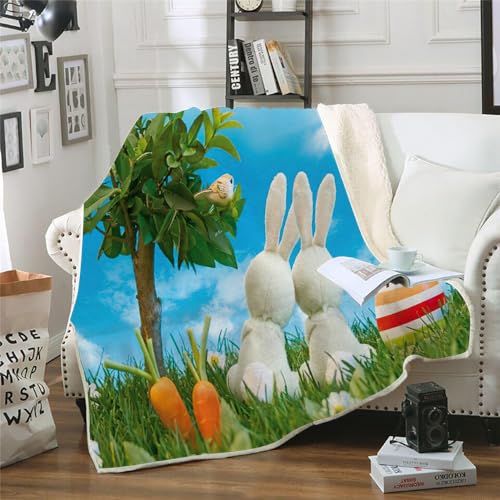 MOXINO 3D Kaninchen Sherpa Decke 130x150 cm Ostern Kuscheldecke Flauschig Microfiber Fleecedecke Weich und Warme Wohndecke Throw Blanket Sofadecke Couchdecke Tagesdecke（Muster 2-1） von MOXINO