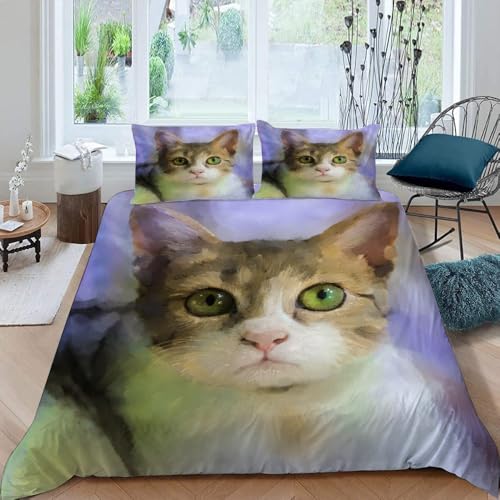 MOXINO 3D Katze Bettwäsche 135x200 cm 4teilig Katze Bettwäsche für Kinder Leicht Mikrofaser Bettbezug Sommer Weiche Bettbezüge mit 2 Kissenbezüge 80x80（Muster 76-4） von MOXINO